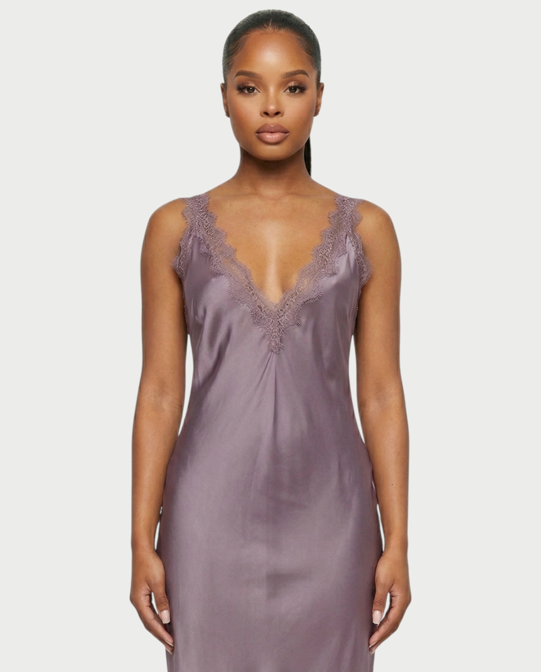 ADELYA Lace Trim Satin Slip Maxi Dress