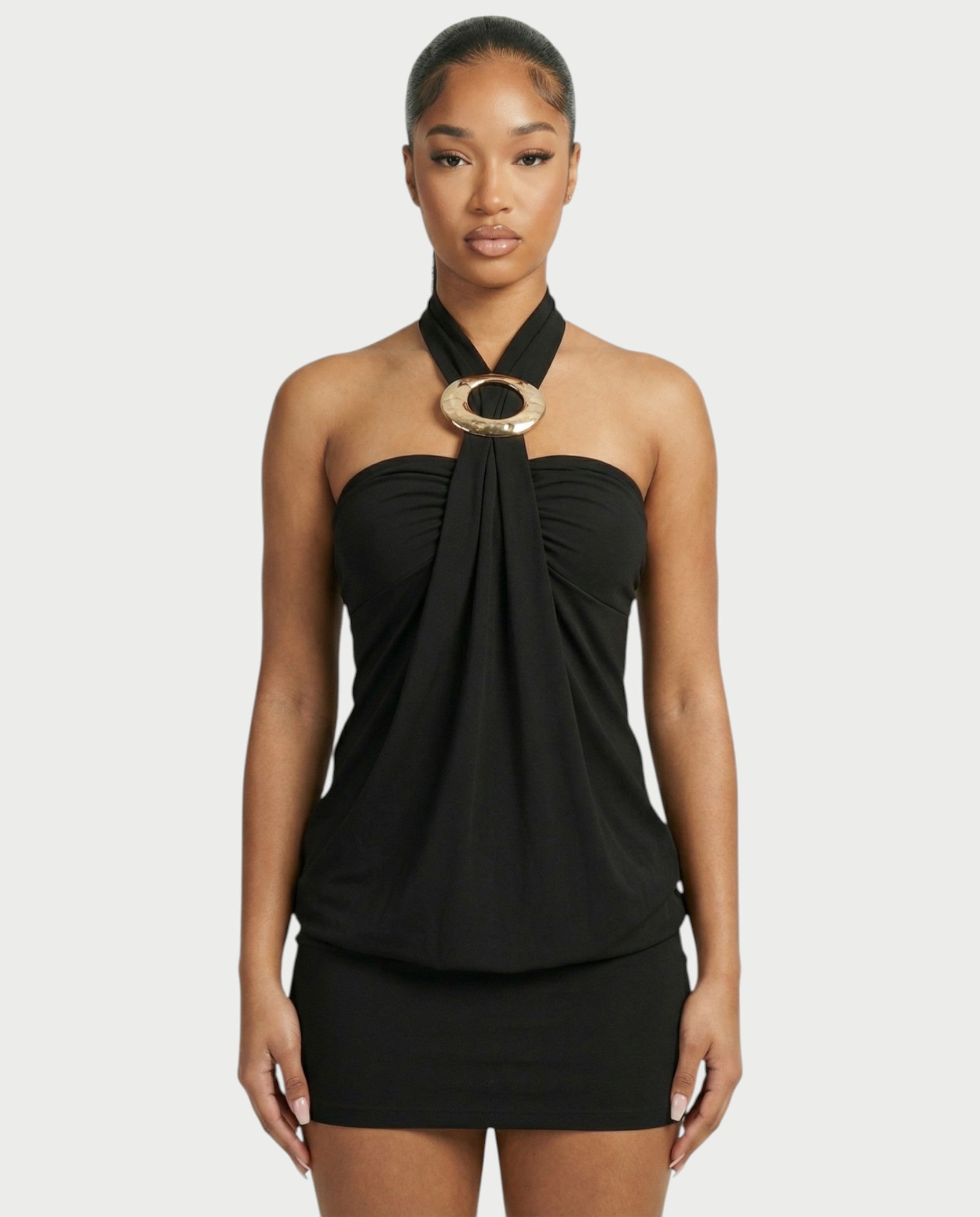 EVIANA O-Ring Halter Draped Bodycon Mini Dress