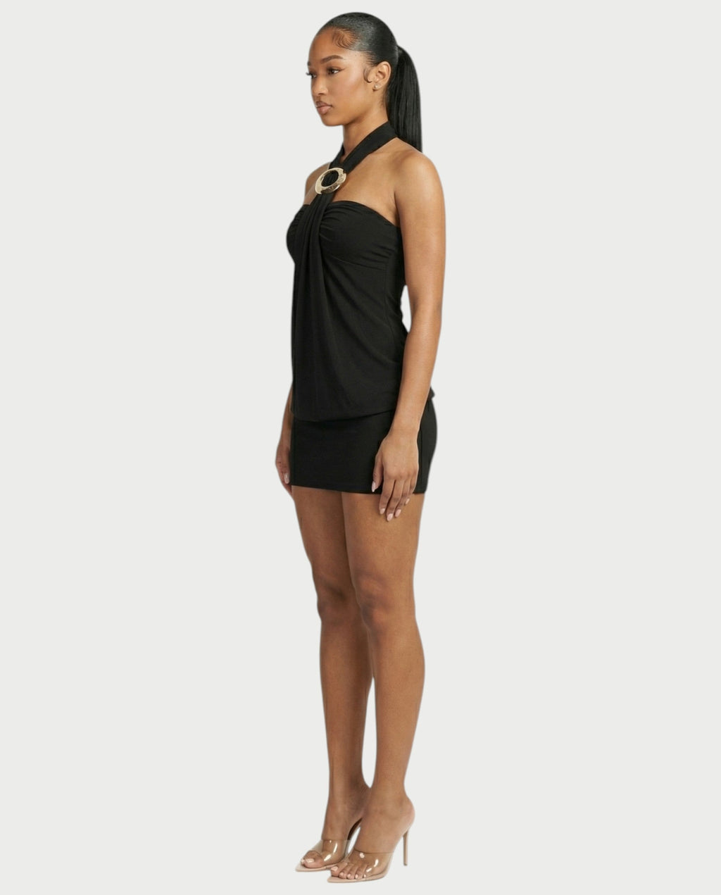 EVIANA O-Ring Halter Draped Bodycon Mini Dress