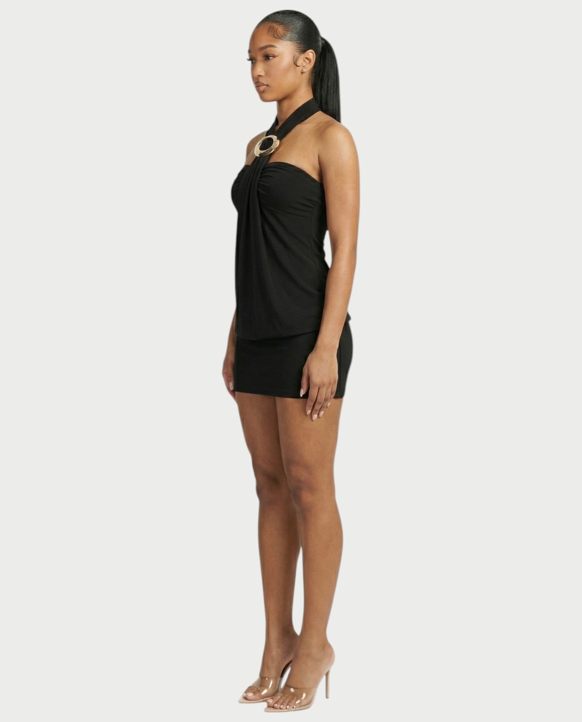 EVIANA O-Ring Halter Draped Bodycon Mini Dress