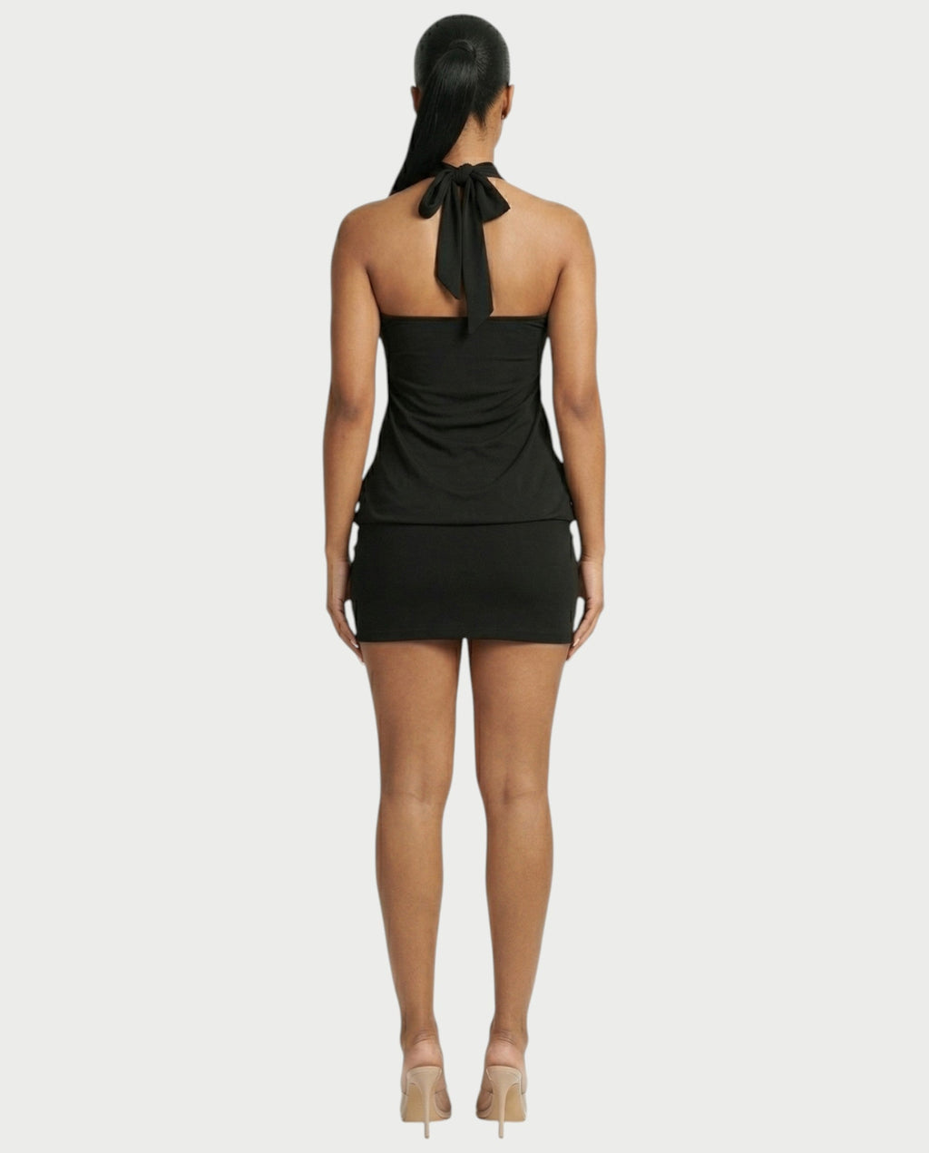 EVIANA O-Ring Halter Draped Bodycon Mini Dress