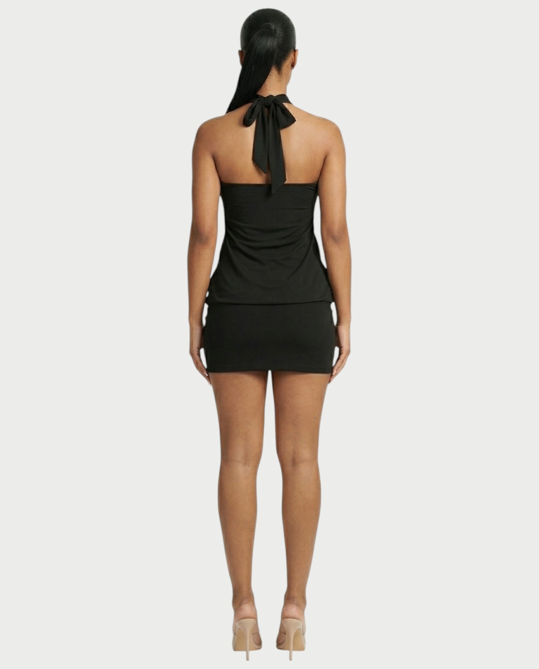 EVIANA O-Ring Halter Draped Bodycon Mini Dress