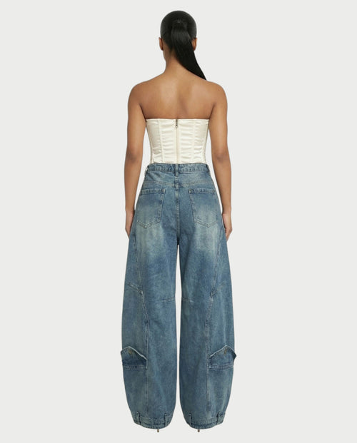 CIRAE Asymmetric Wrap-Waist Denim Pants