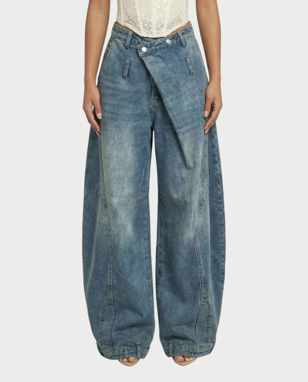 CIRAE Asymmetric Wrap-Waist Denim Pants