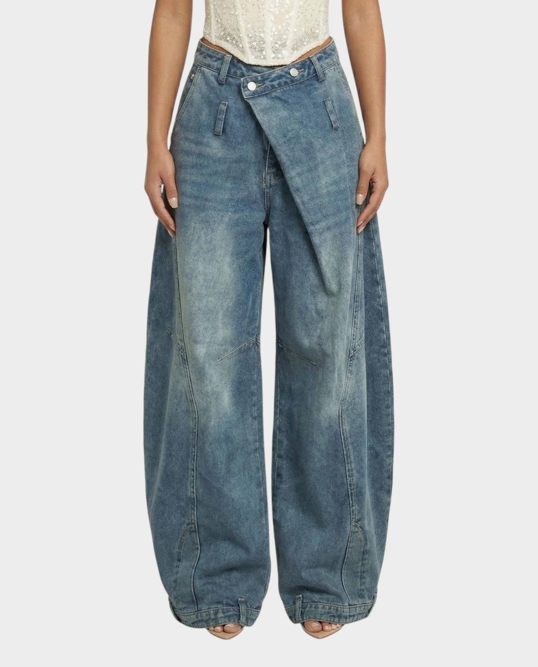 CIRAE Asymmetric Wrap-Waist Denim Pants