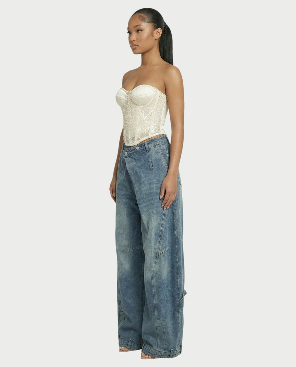 CIRAE Asymmetric Wrap-Waist Denim Pants