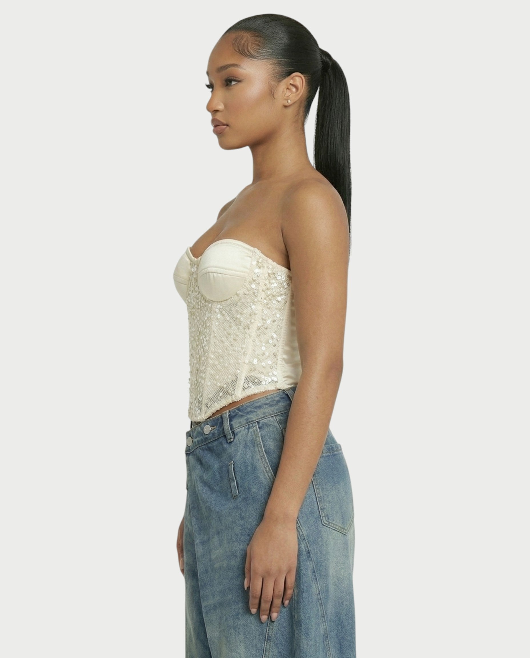 UREYS Pearl & Sequin Sheer Corset Top