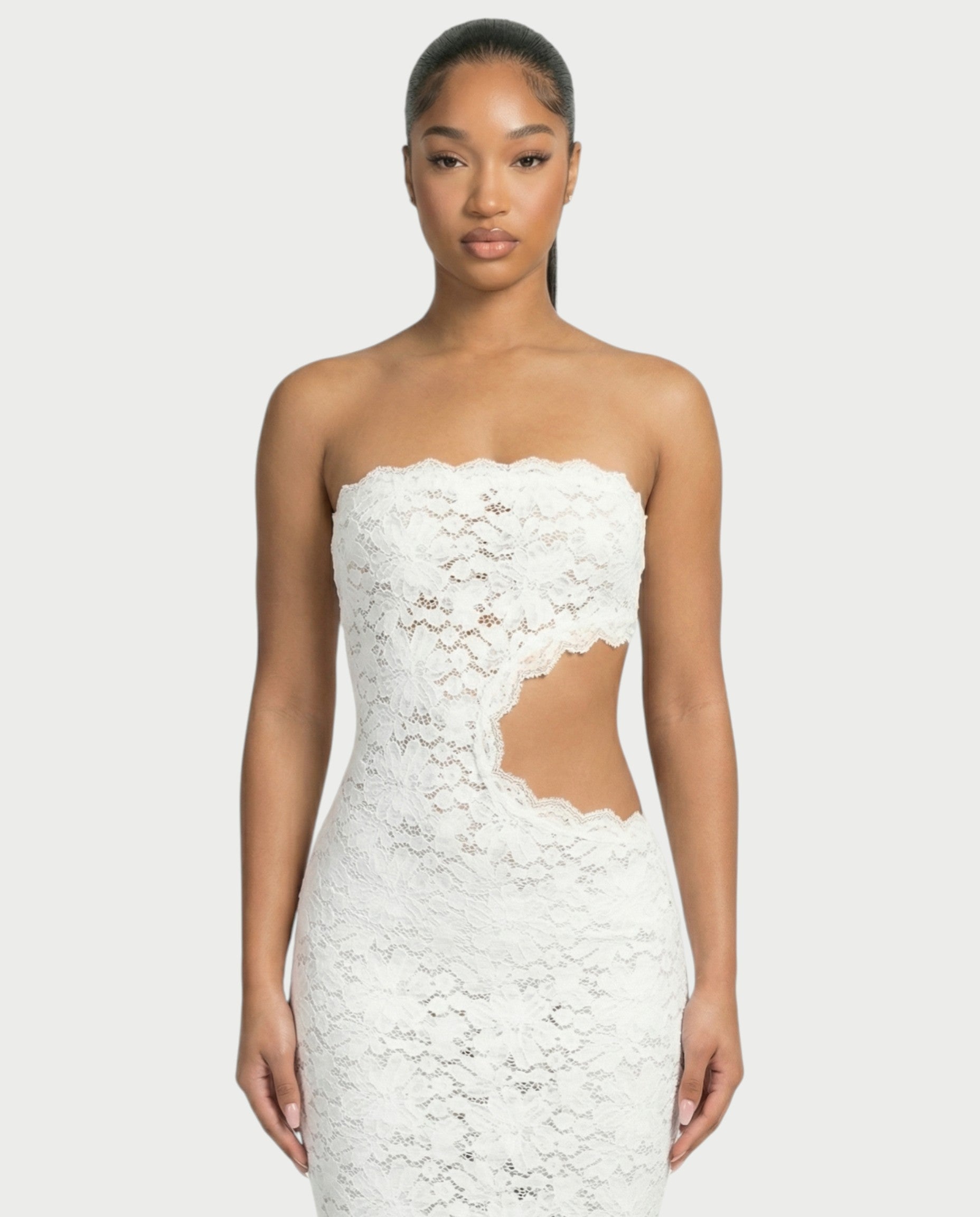 LAMINA Strapless Lace Cut-Out Maxi Dress