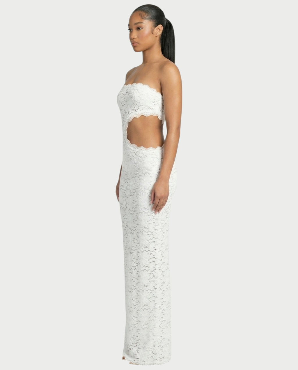 LAMINA Strapless Lace Cut-Out Maxi Dress
