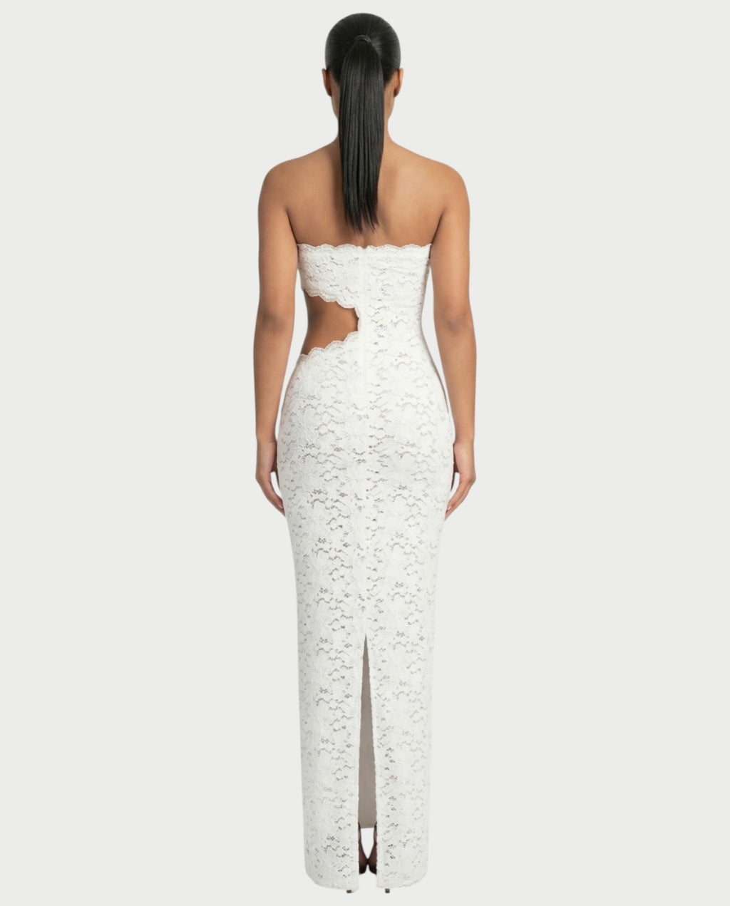 LAMINA Strapless Lace Cut-Out Maxi Dress