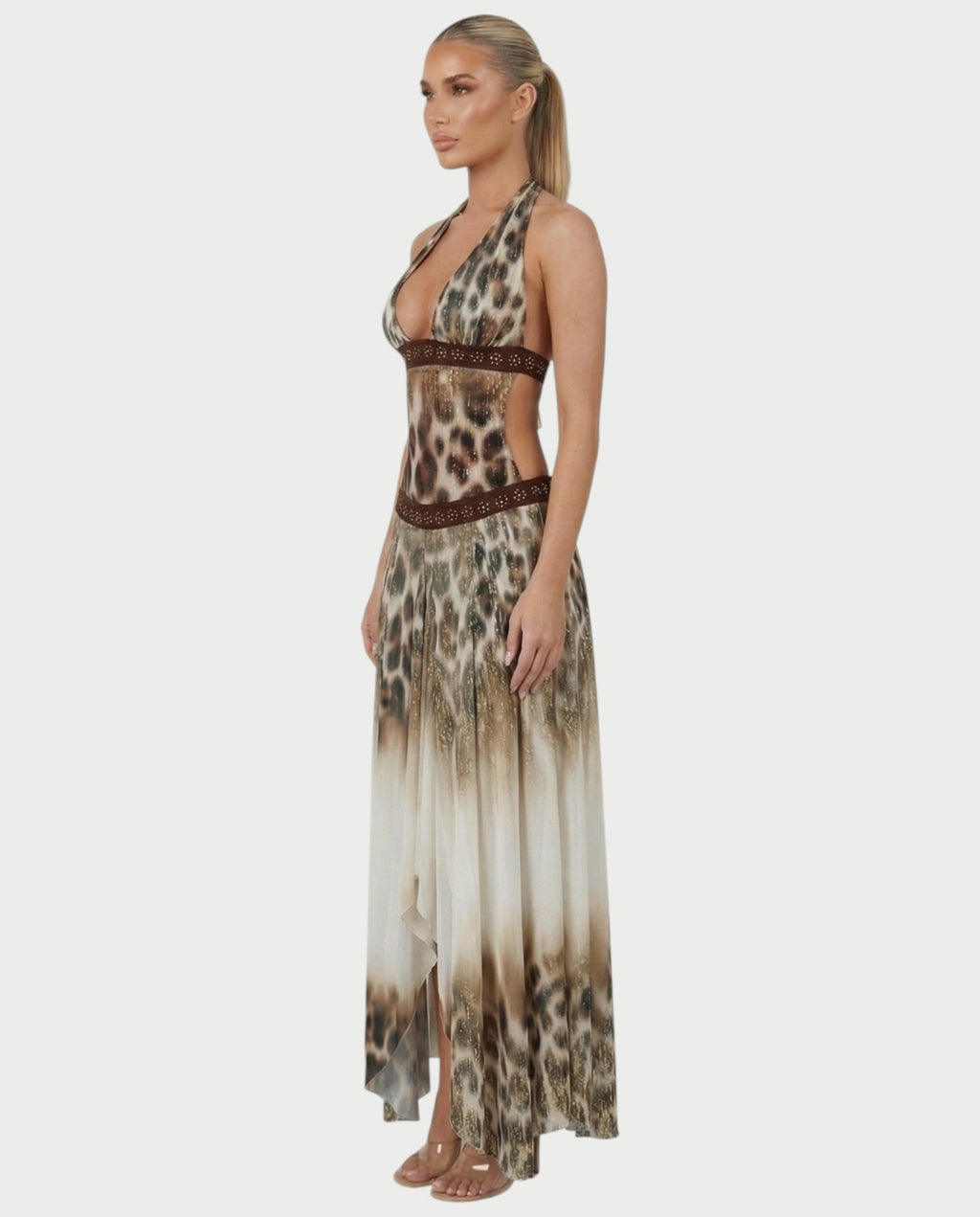 SARANA Leopard Halter Neck Cut-Out Flowy Maxi Dress