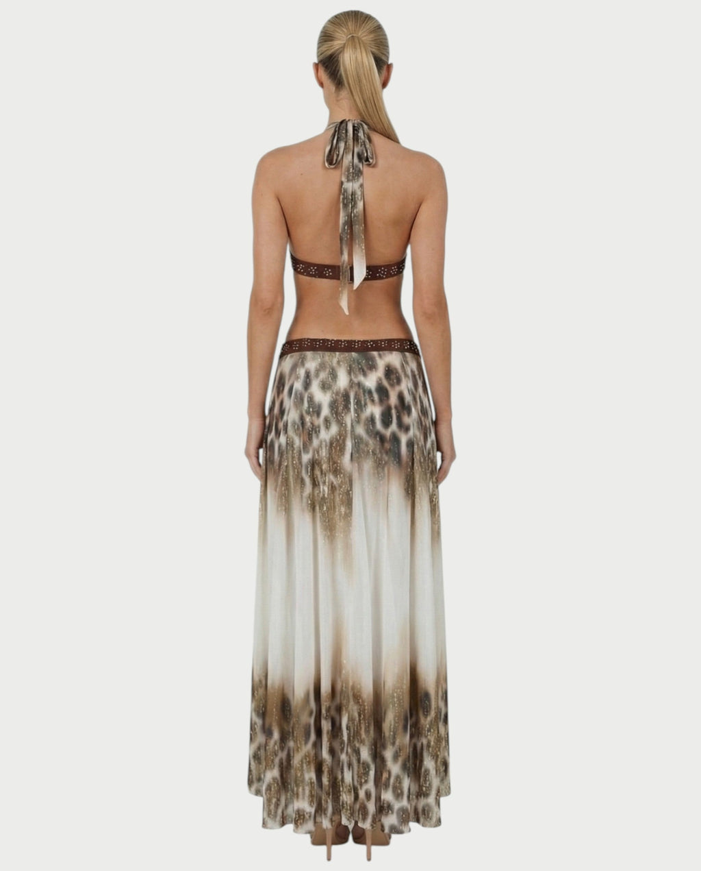 SARANA Leopard Halter Neck Cut-Out Flowy Maxi Dress