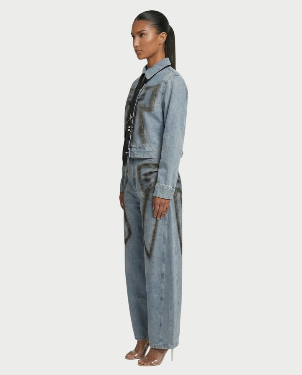 CALLIA Denim Tie Jacket & Wide-Leg Pants Set