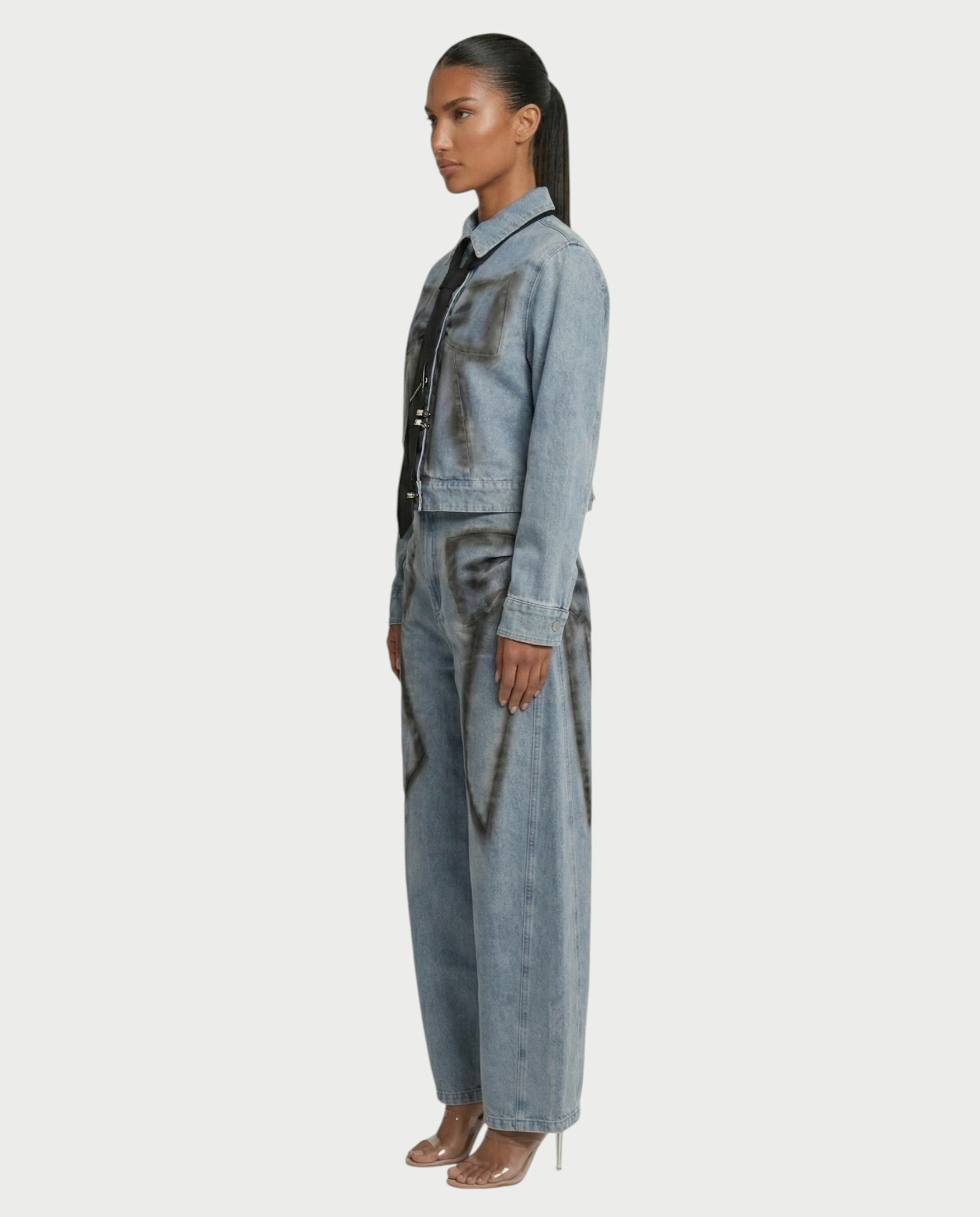 CALLIA Denim Tie Jacket & Wide-Leg Pants Set
