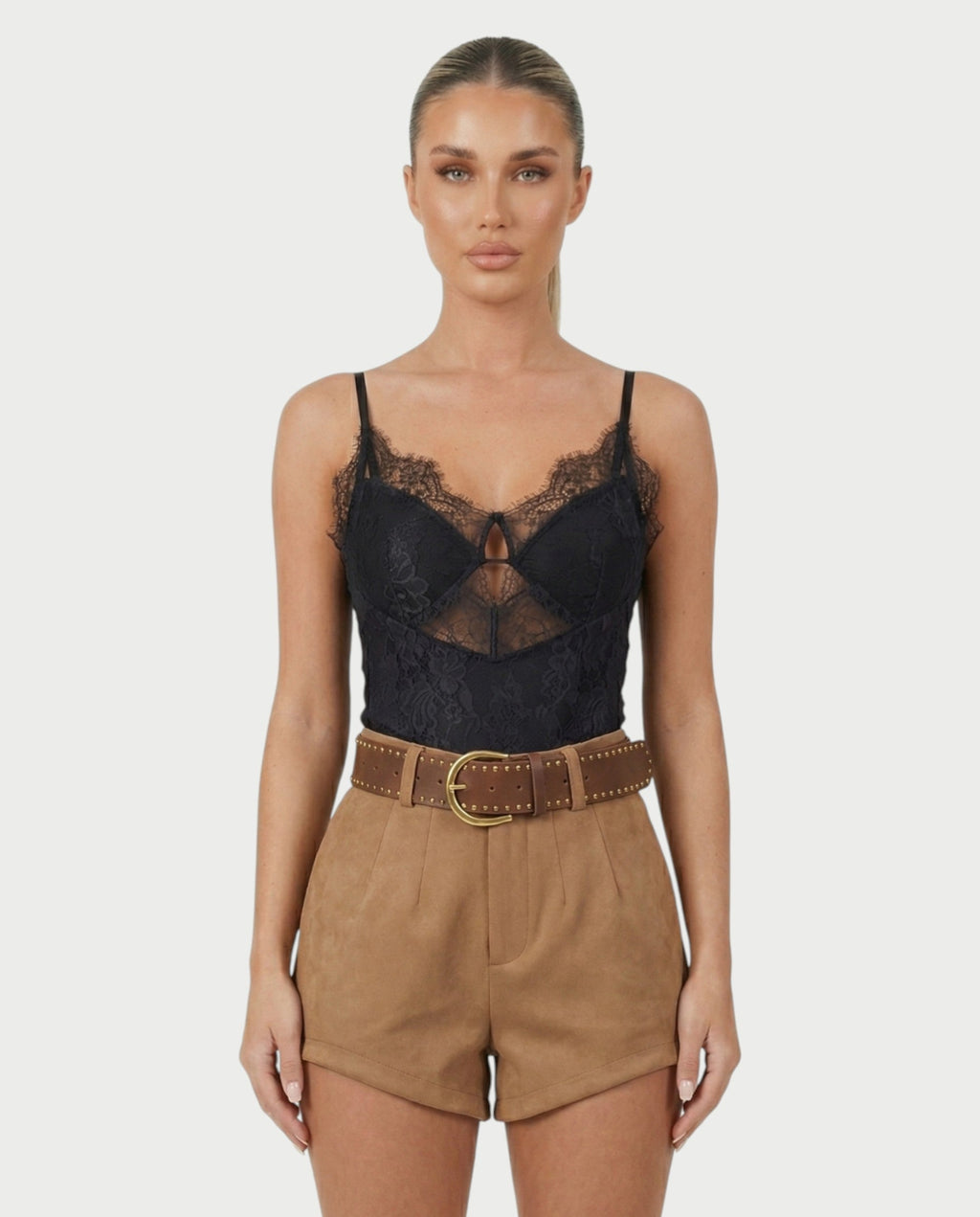 PERLINA High-Rise Gold Stud Belt Shorts