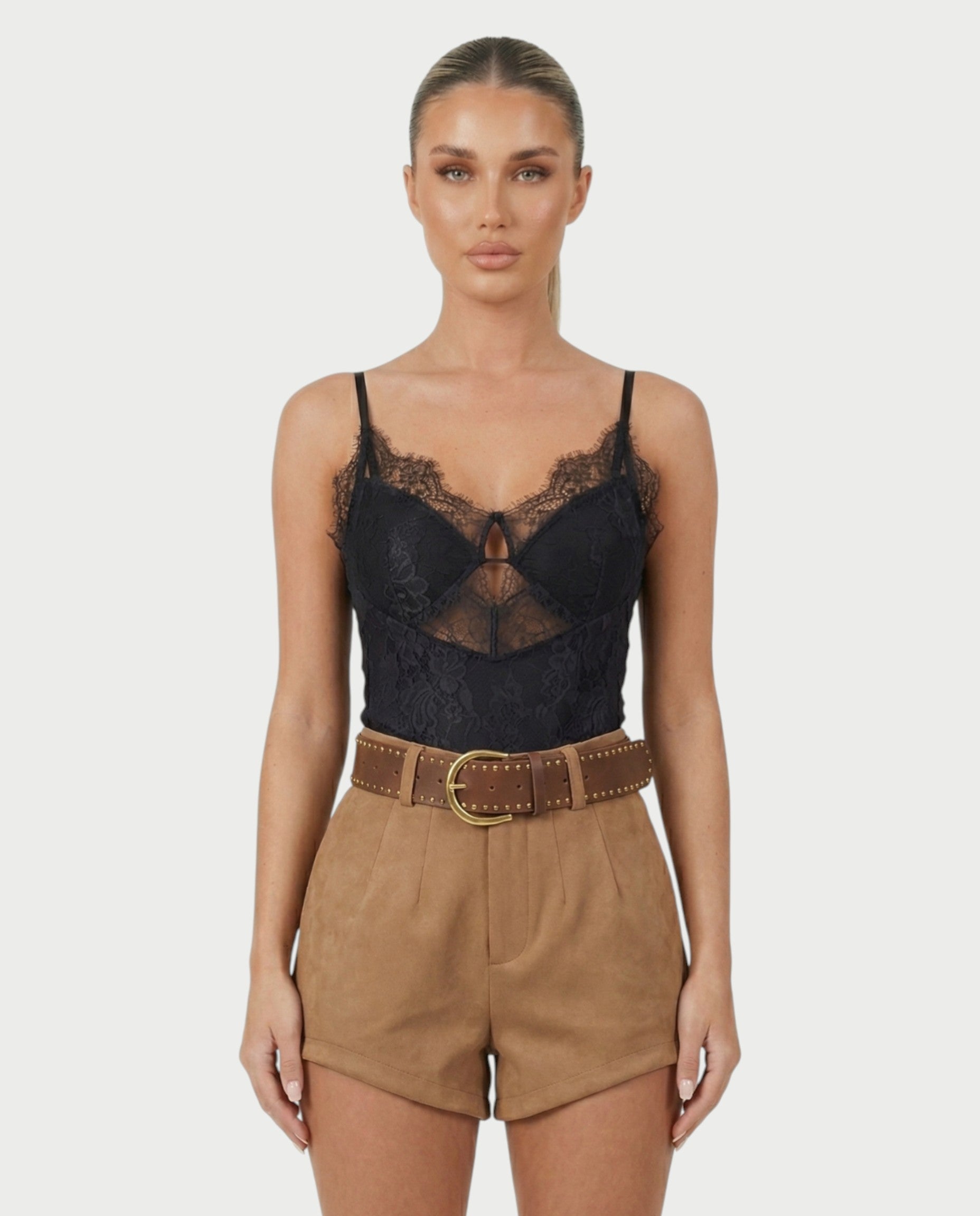 PERLINA High-Rise Gold Stud Belt Shorts