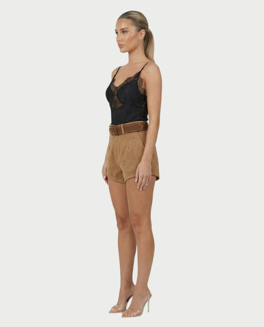 PERLINA High-Rise Gold Stud Belt Shorts
