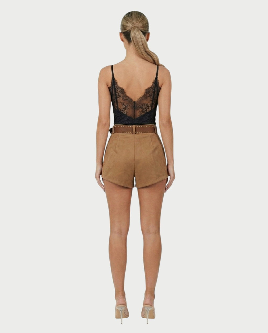 PERLINA High-Rise Gold Stud Belt Shorts