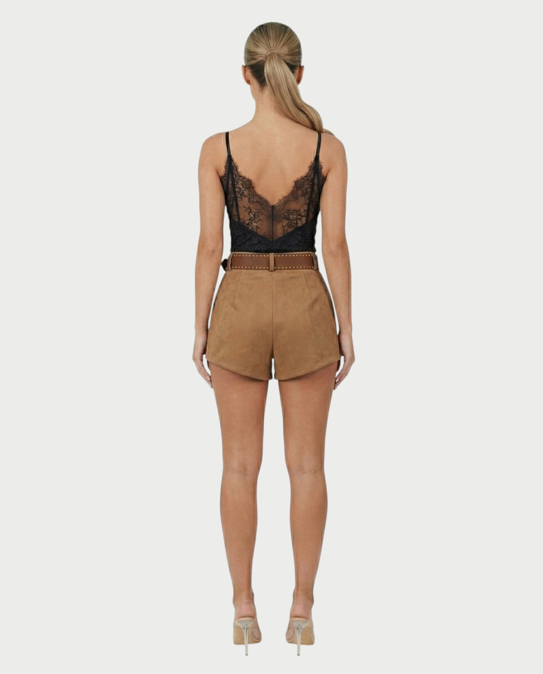 PERLINA High-Rise Gold Stud Belt Shorts