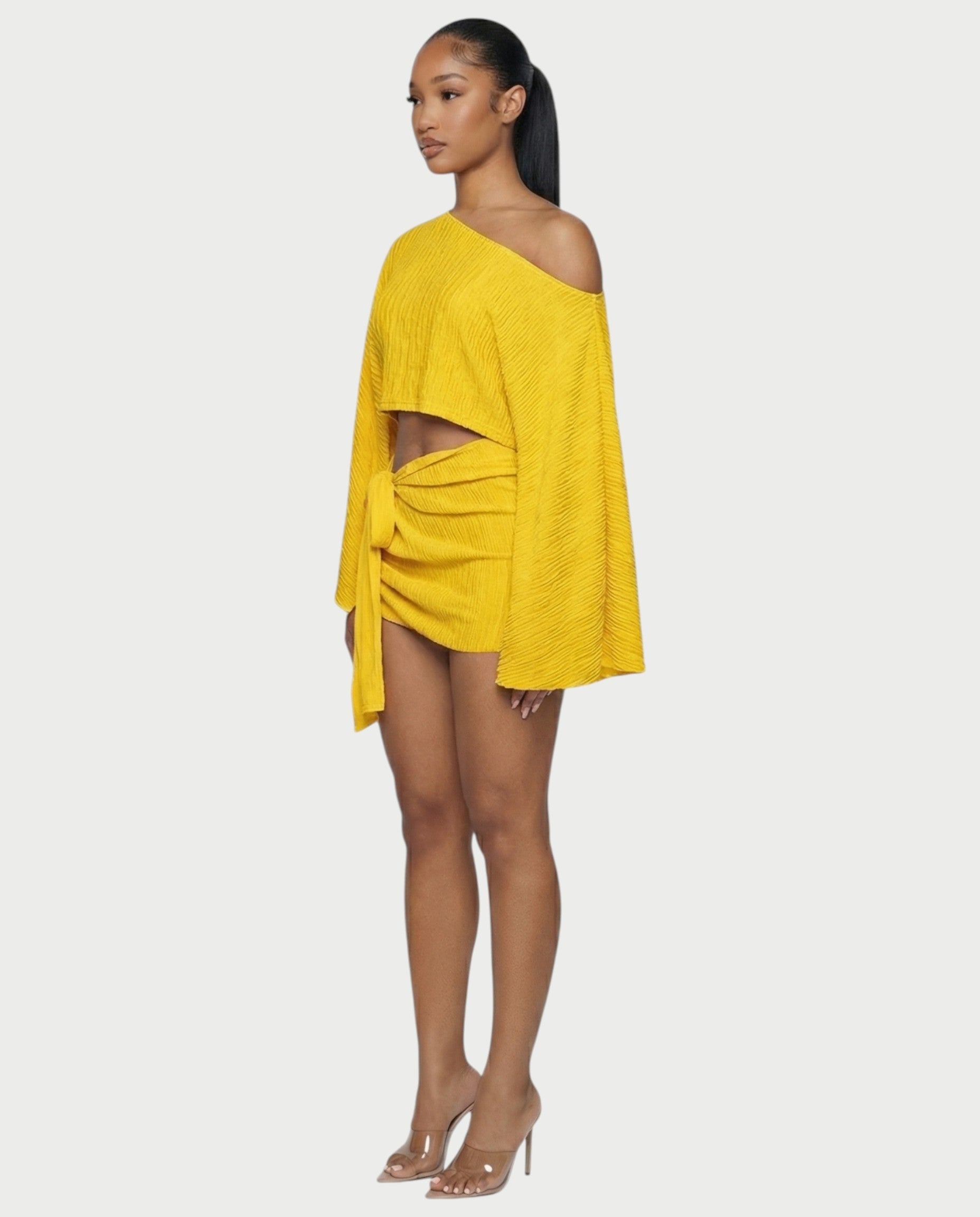 SAYUNA One-Shoulder Top & Tie-Front Mini Skirt Set