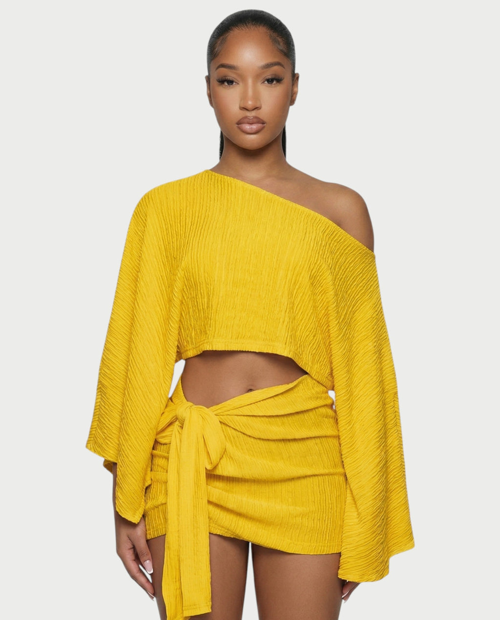 SAYUNA One-Shoulder Top & Tie-Front Mini Skirt Set