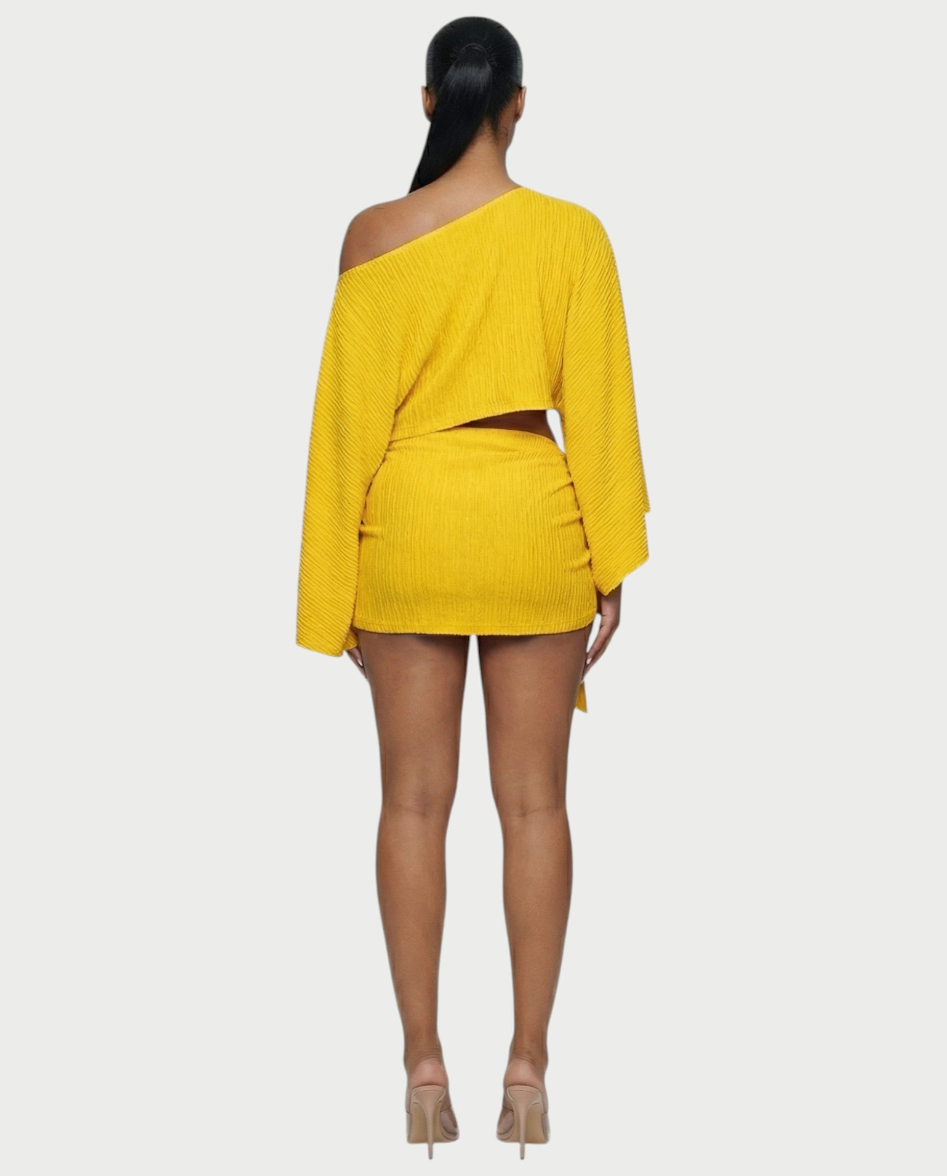 SAYUNA One-Shoulder Top & Tie-Front Mini Skirt Set