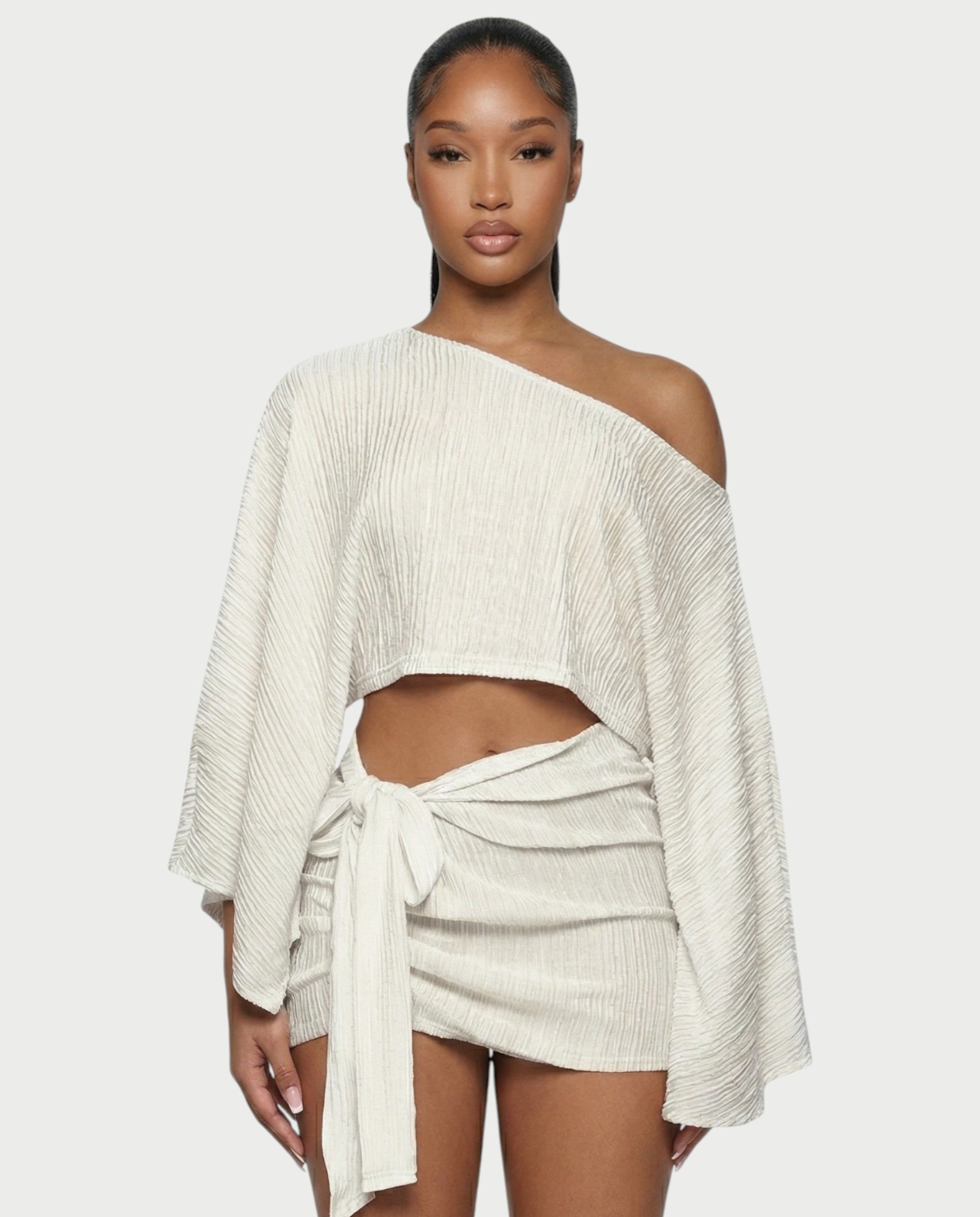 SAYUNA One-Shoulder Top & Tie-Front Mini Skirt Set
