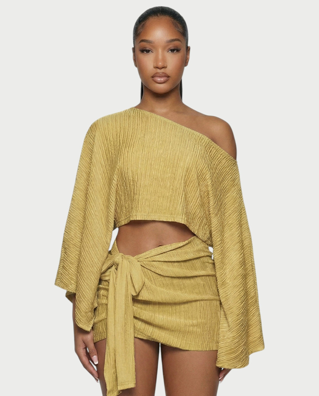 SAYUNA One-Shoulder Top & Tie-Front Mini Skirt Set