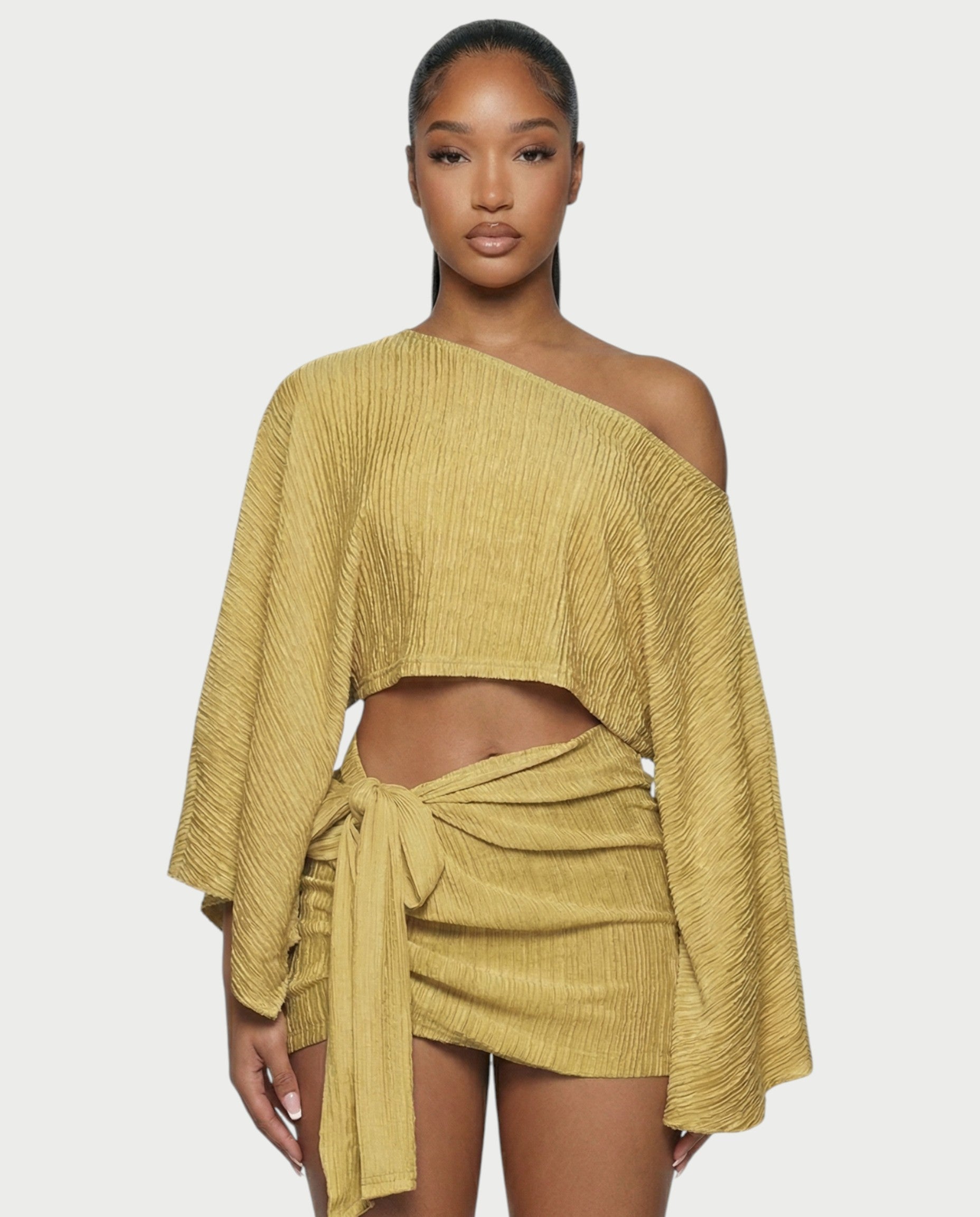 SAYUNA One-Shoulder Top & Tie-Front Mini Skirt Set