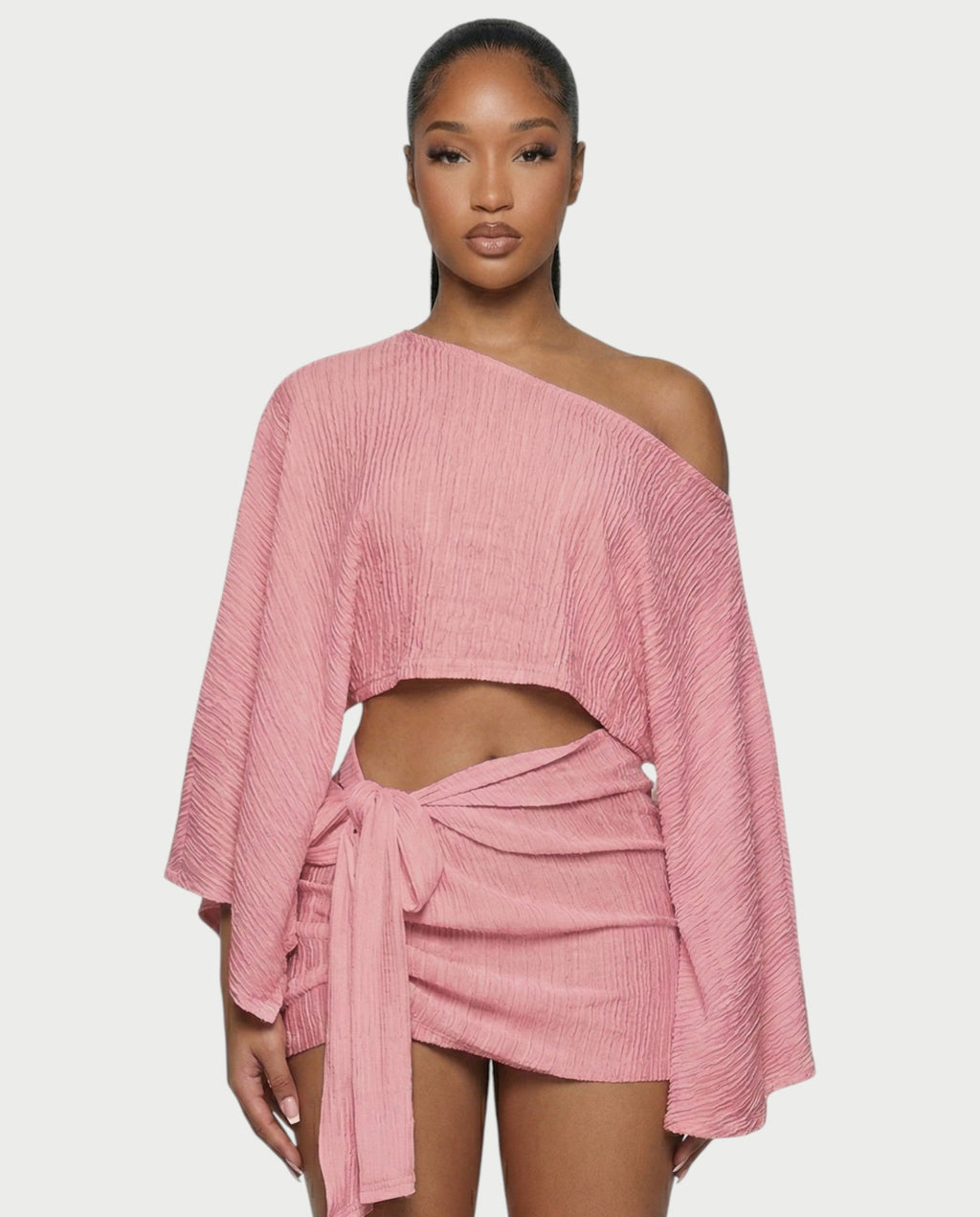 SAYUNA One-Shoulder Top & Tie-Front Mini Skirt Set