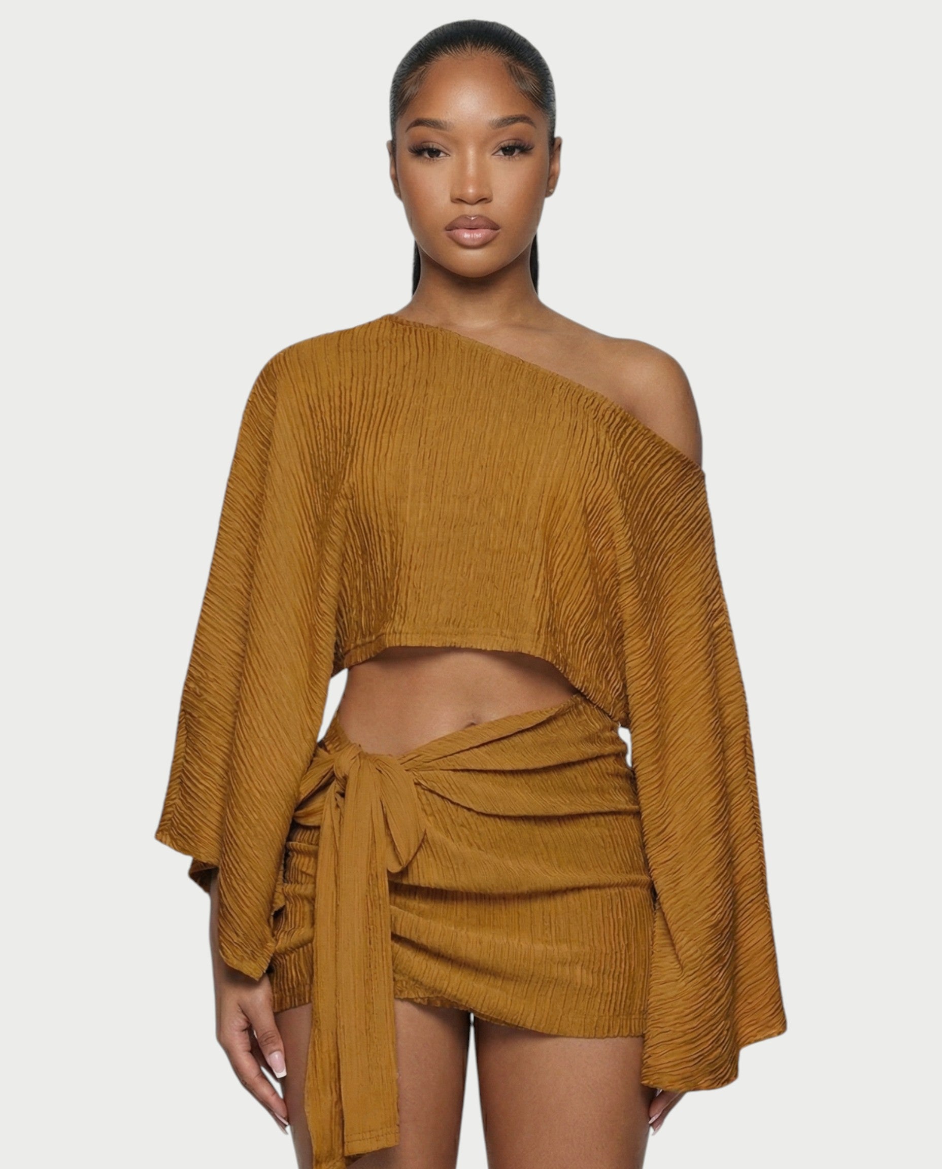 SAYUNA One-Shoulder Top & Tie-Front Mini Skirt Set