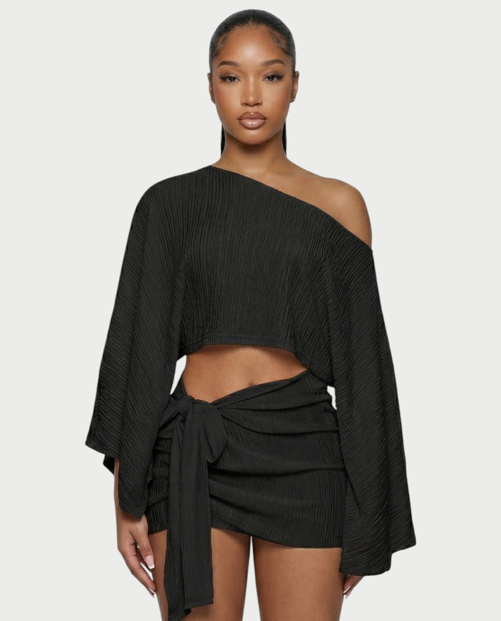 SAYUNA One-Shoulder Top & Tie-Front Mini Skirt Set