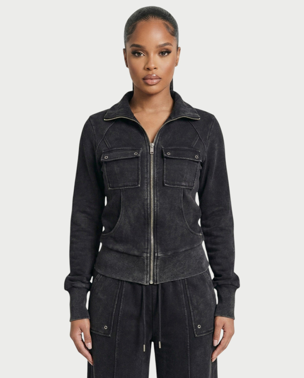ASHINA Washed Zip-Up Jacket & Wide-Leg Drawstring Pants Set