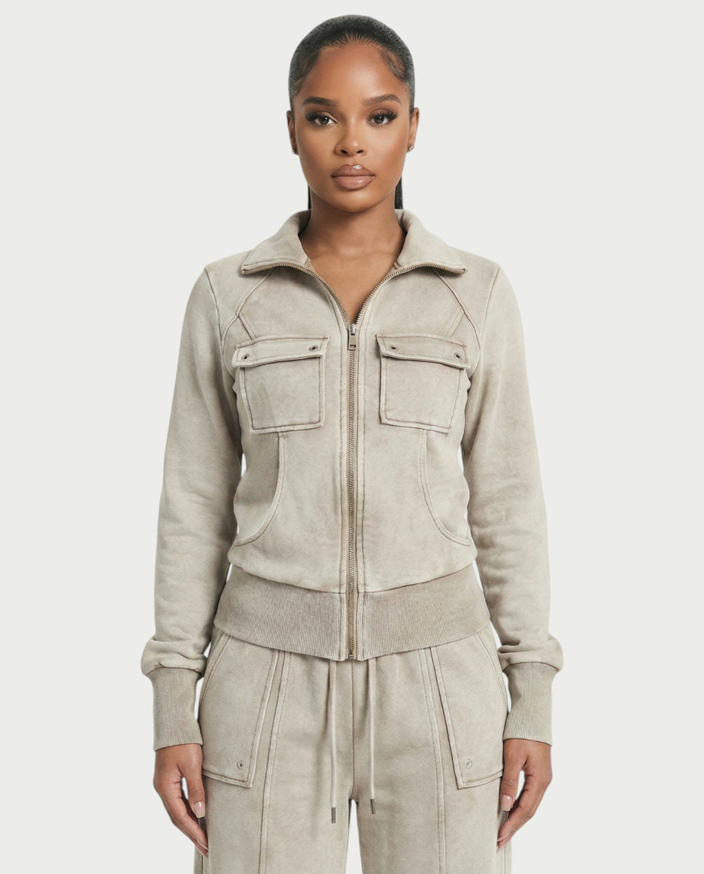 ASHINA Washed Zip-Up Jacket & Wide-Leg Drawstring Pants Set