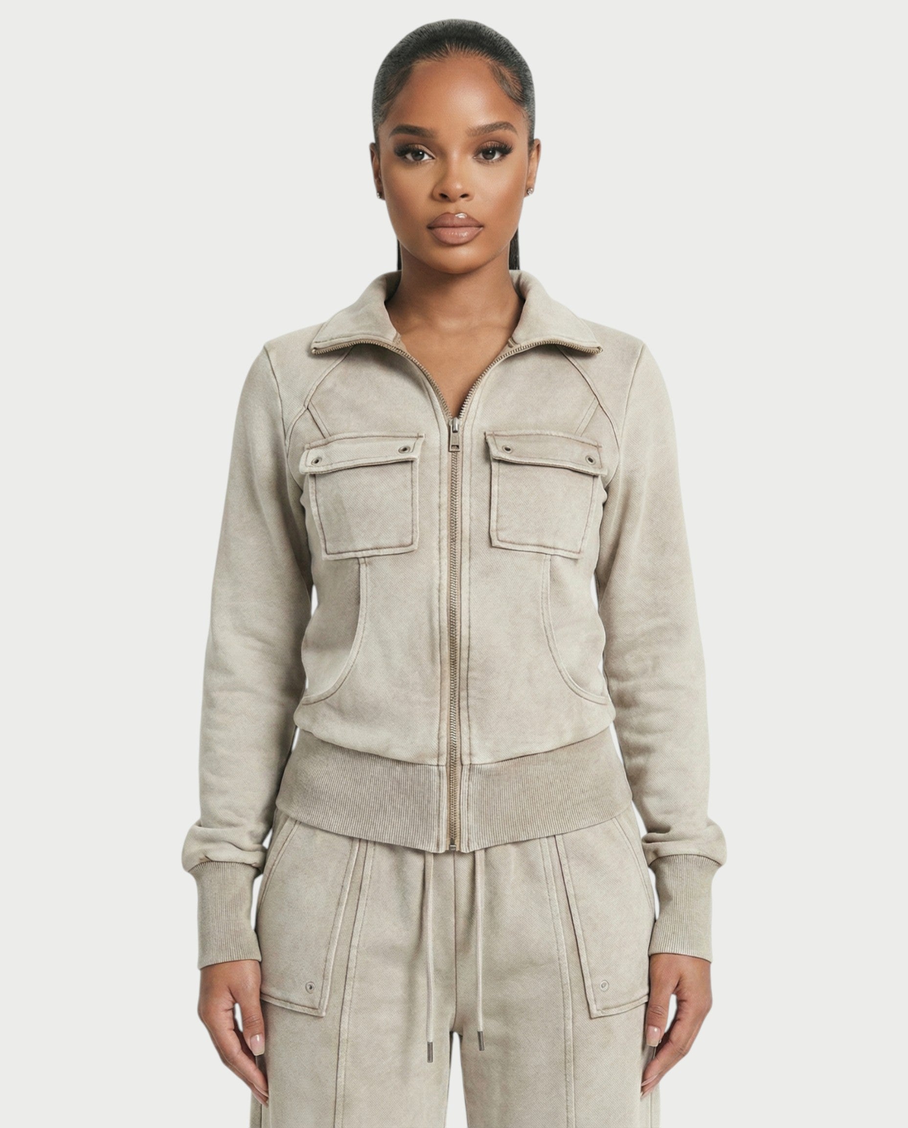 ASHINA Washed Zip-Up Jacket & Wide-Leg Drawstring Pants Set