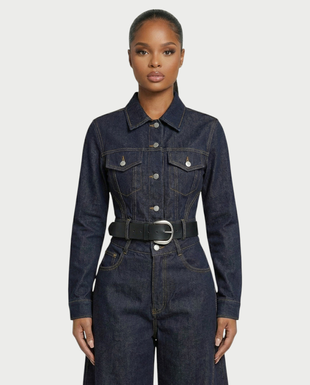 OFELIA Denim Belted Jacket & Wide-Leg Pants Set