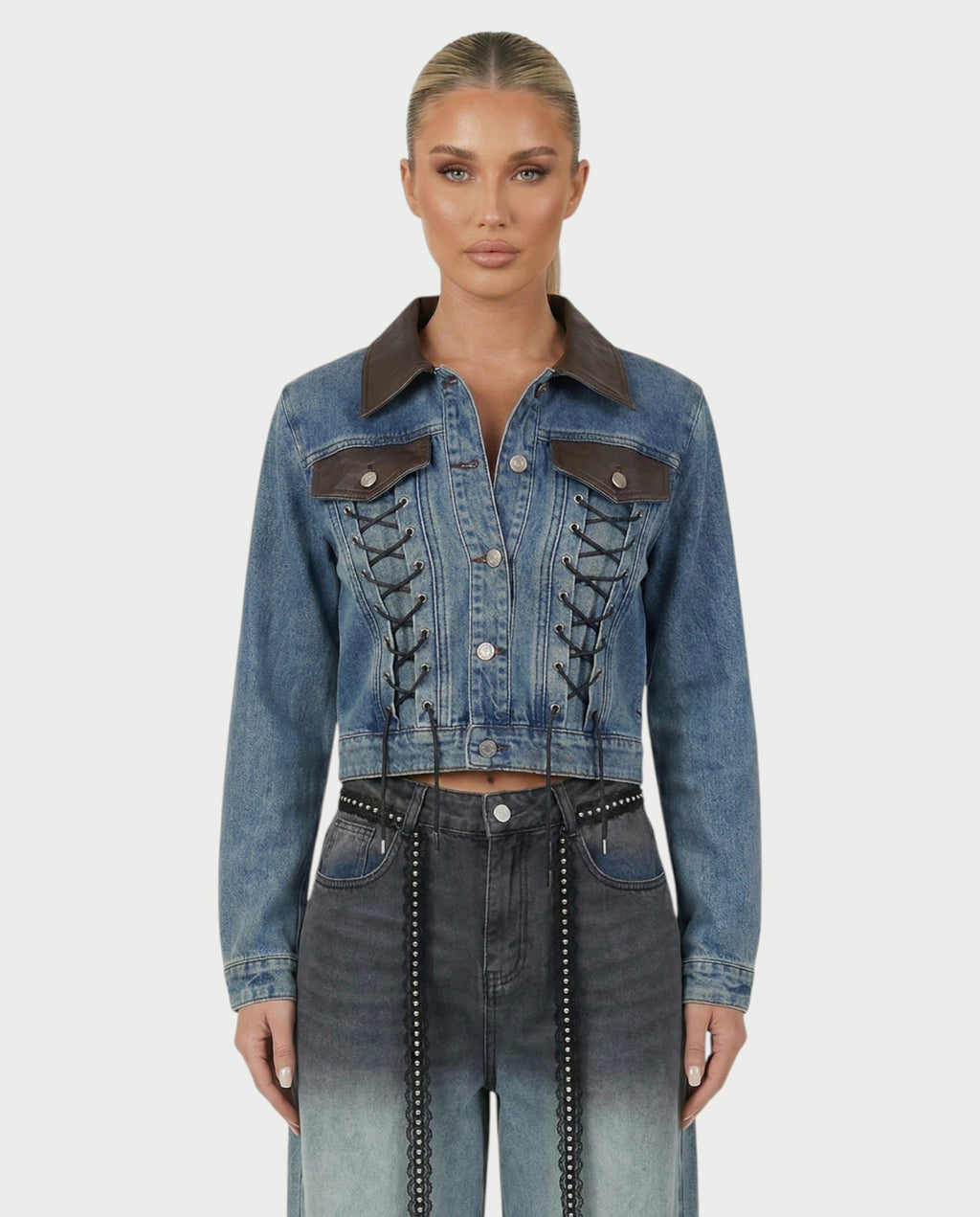 RANIA Lace-Up Denim Jacket & Wide-Leg Pants Set