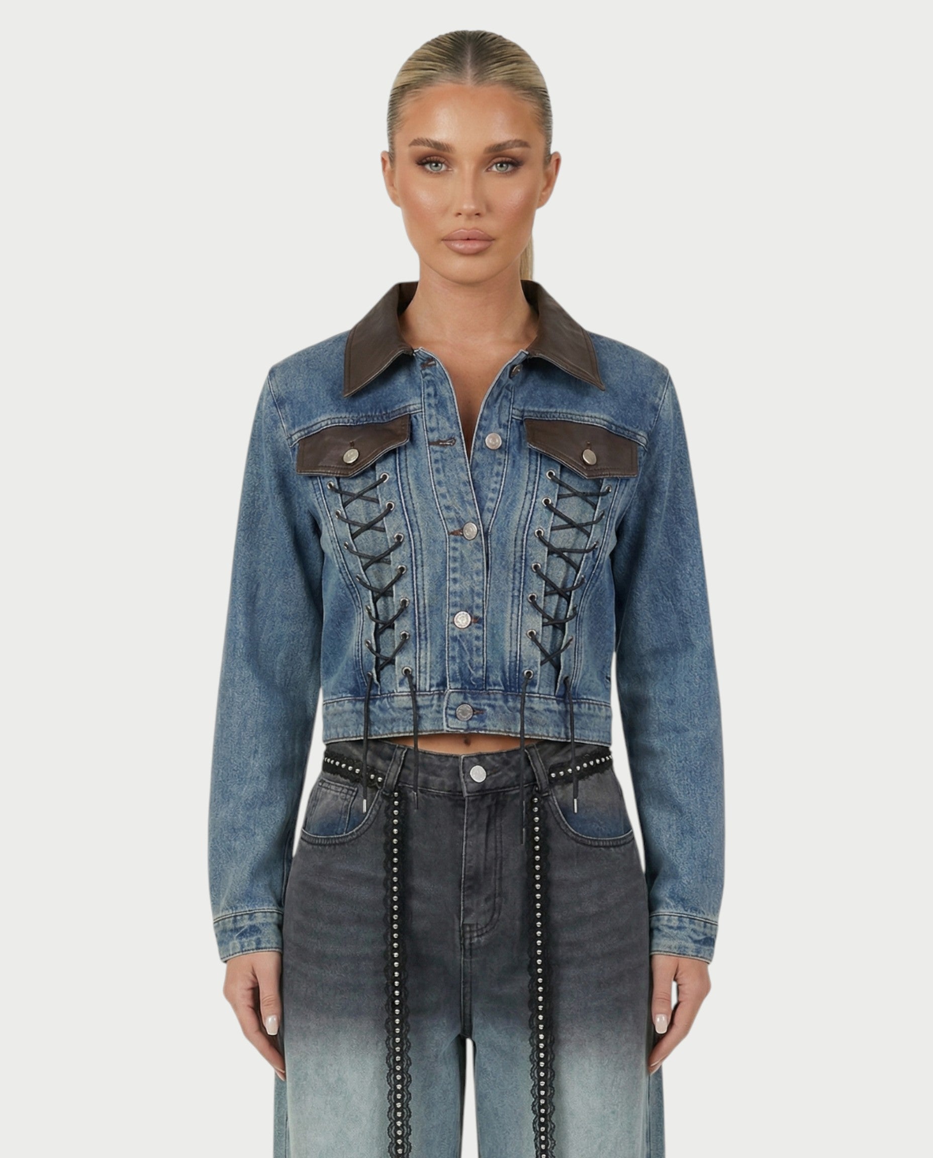 RANIA Lace-Up Denim Jacket & Wide-Leg Pants Set
