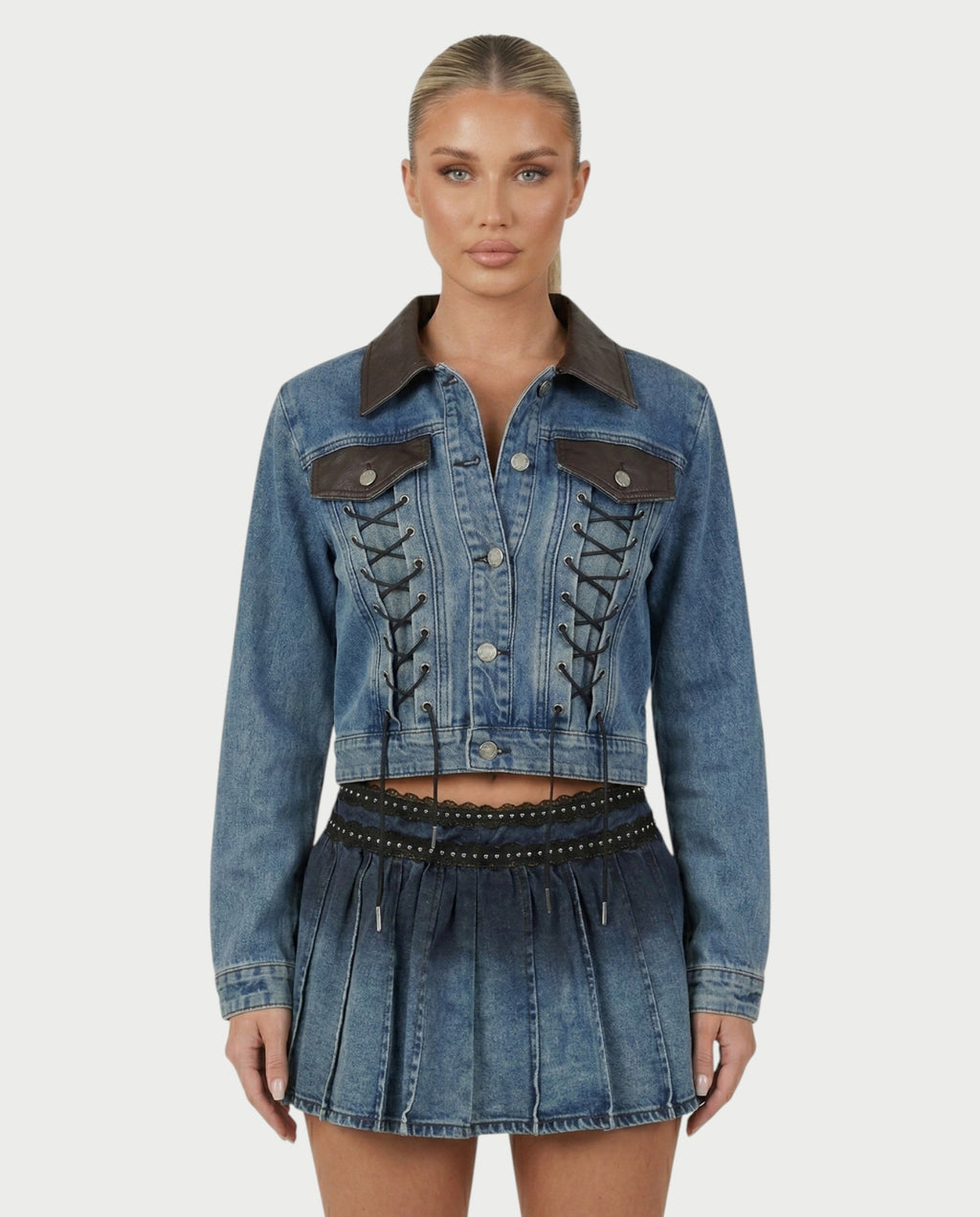 VERYL Lace-Up Denim Jacket & Pleated Mini Skort Set