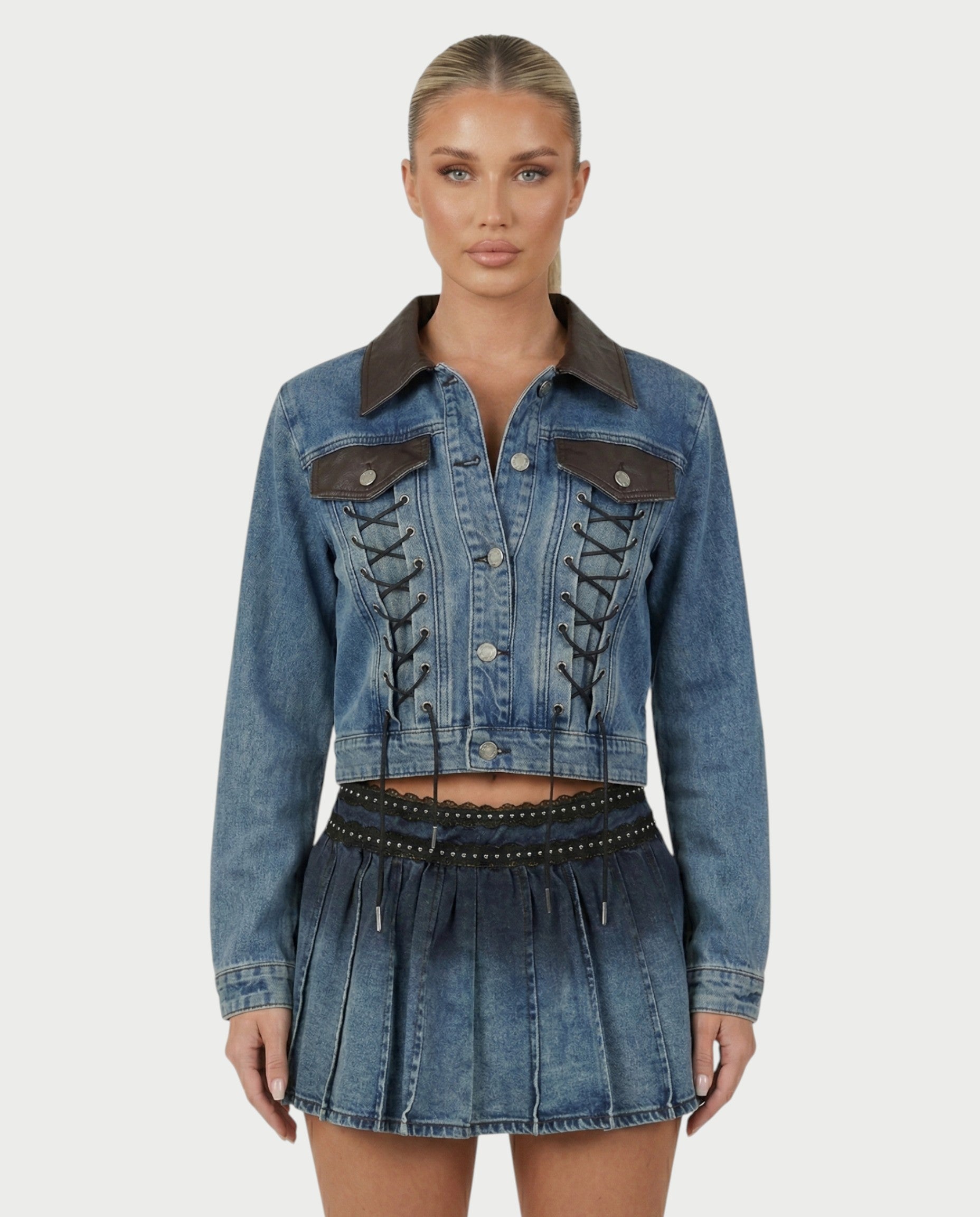 VERYL Lace-Up Denim Jacket & Pleated Mini Skort Set
