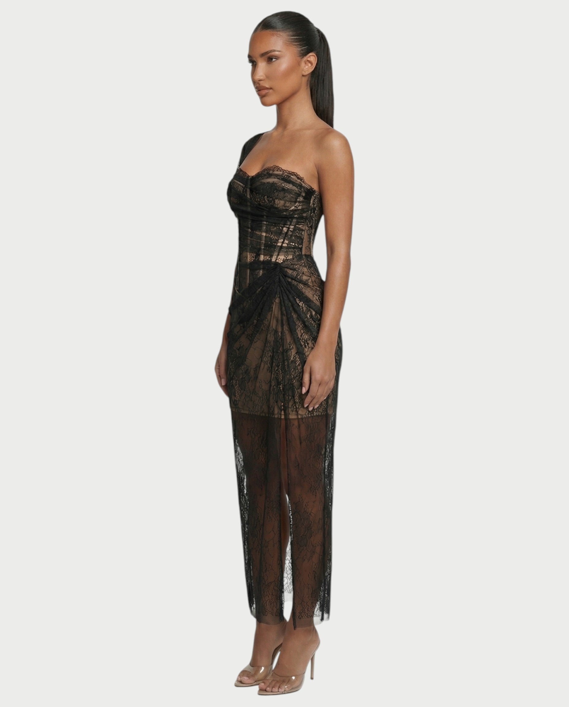 MARIBETH Sheer Lace Corset One-Shoulder Maxi Dress