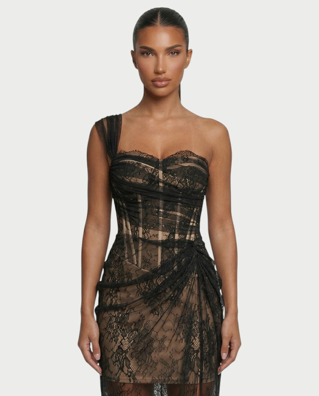MARIBETH Sheer Lace Corset One-Shoulder Maxi Dress