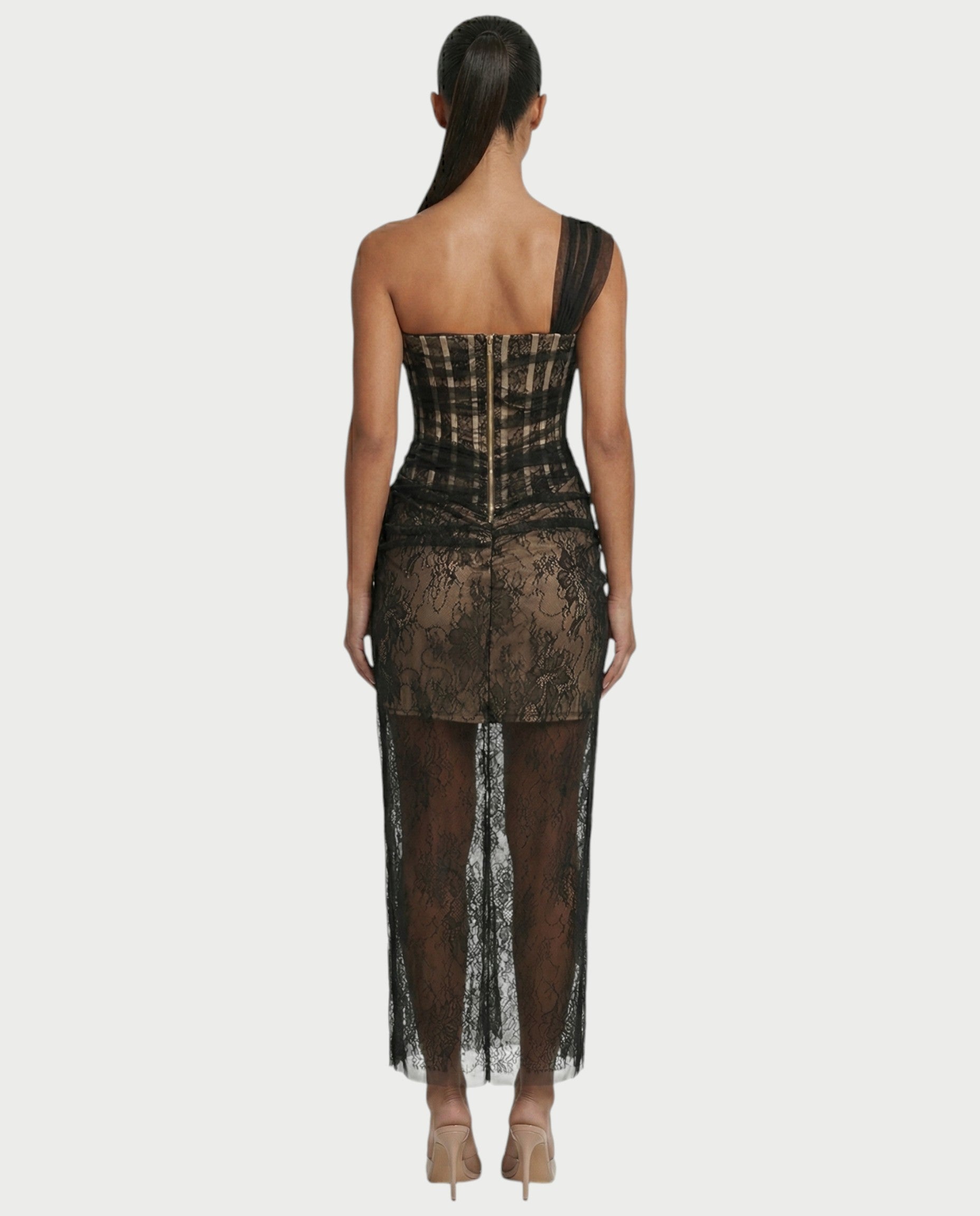 MARIBETH Sheer Lace Corset One-Shoulder Maxi Dress