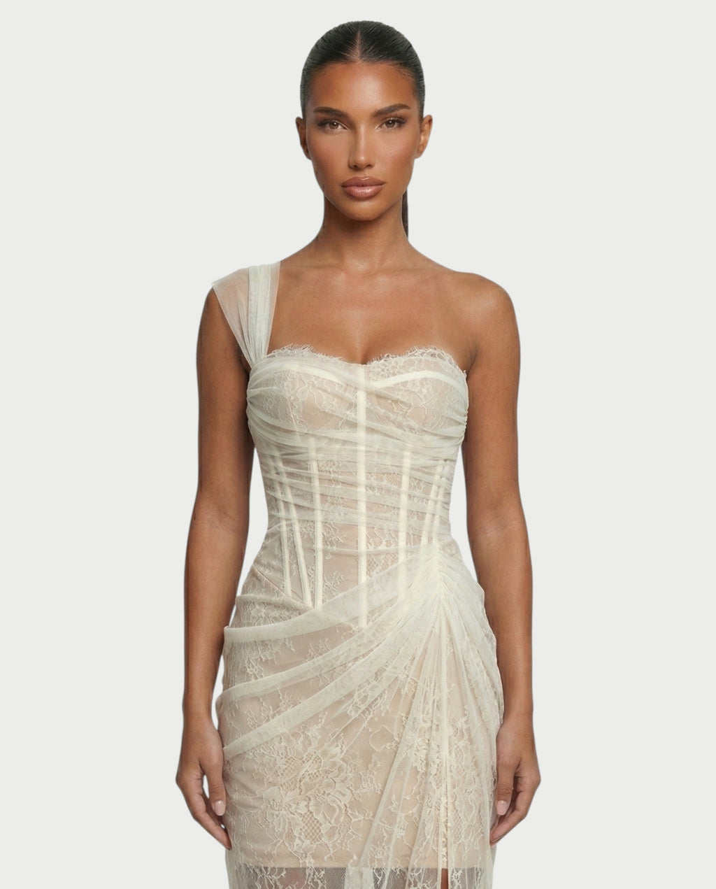 MARIBETH Sheer Lace Corset One-Shoulder Maxi Dress