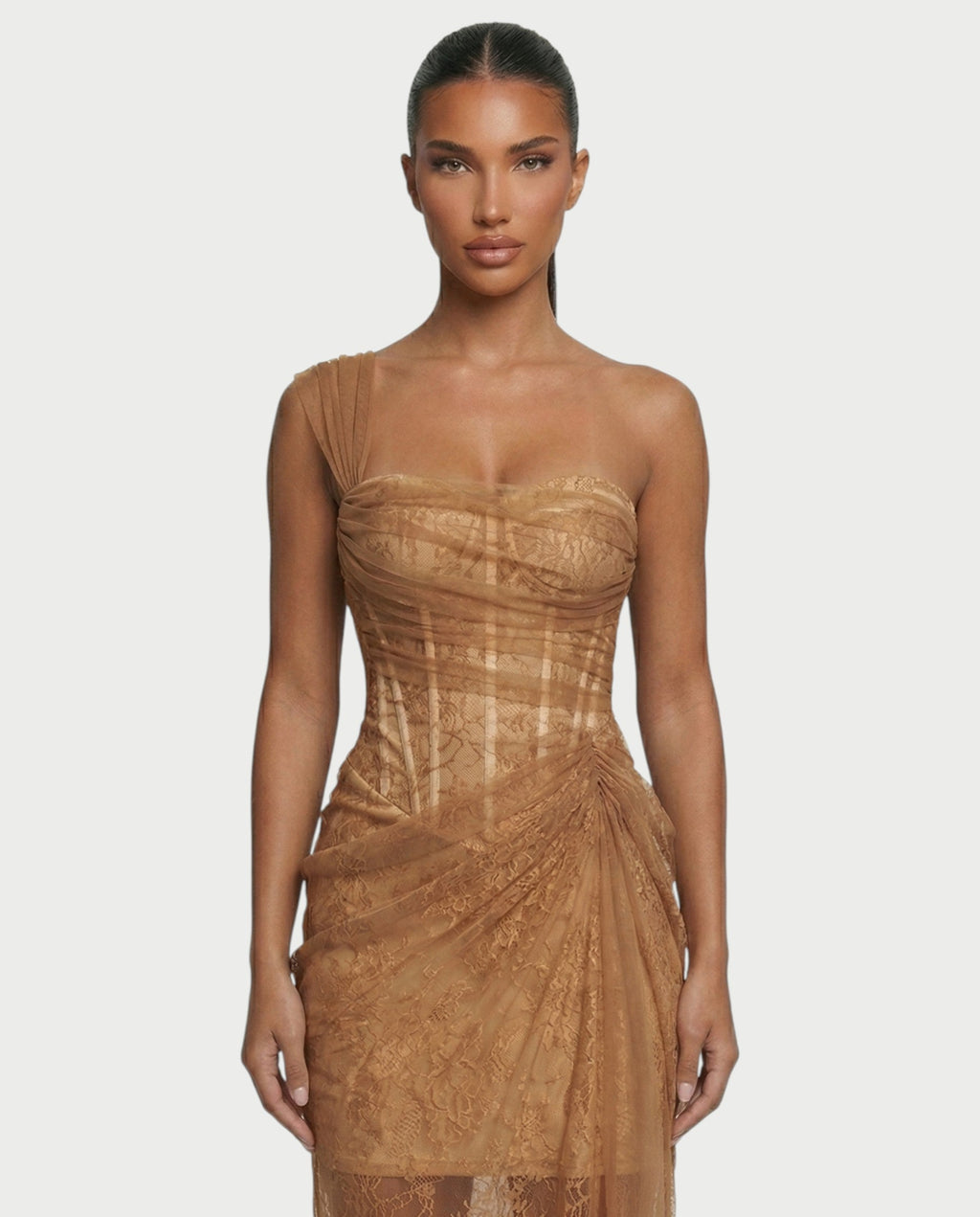 MARIBETH Sheer Lace Corset One-Shoulder Maxi Dress