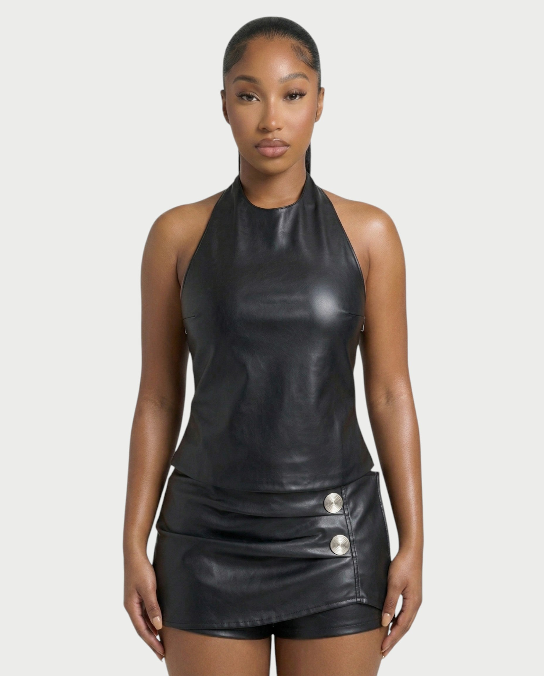 SERIL Faux Leather Halter Top & Mini Skort Set