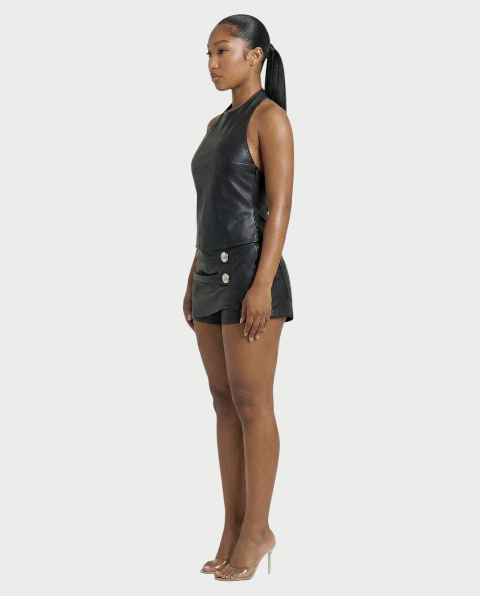 SERIL Faux Leather Halter Top & Mini Skort Set