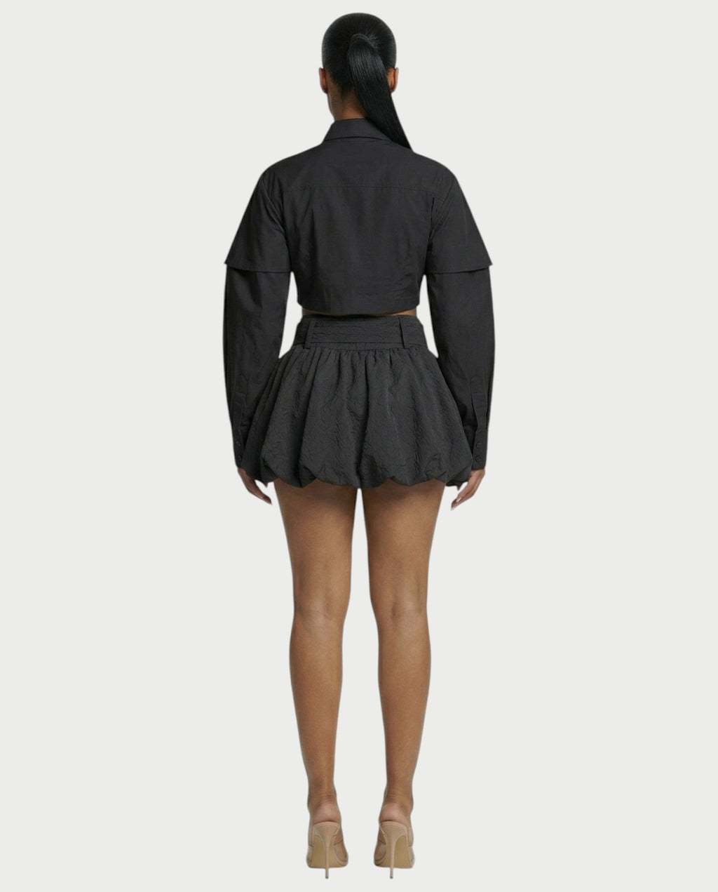 LAFIRNA Belted High-Waist Bubble Hem Mini Skort