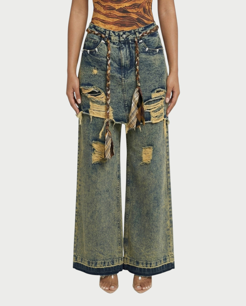 LOMINA Braided Layered Ripped Denim Pants