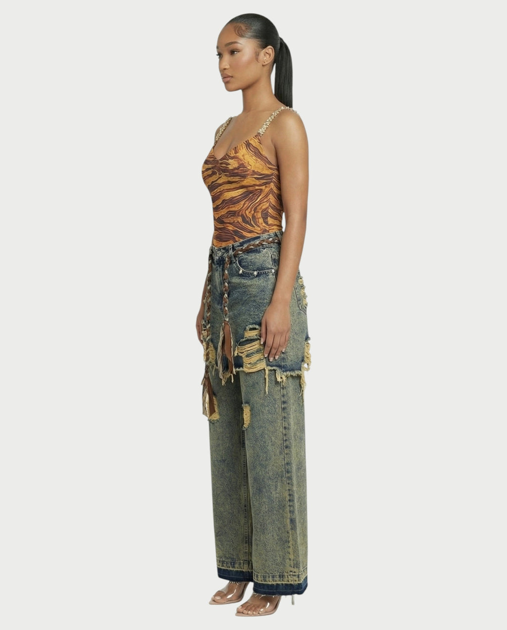 LOMINA Braided Layered Ripped Denim Pants